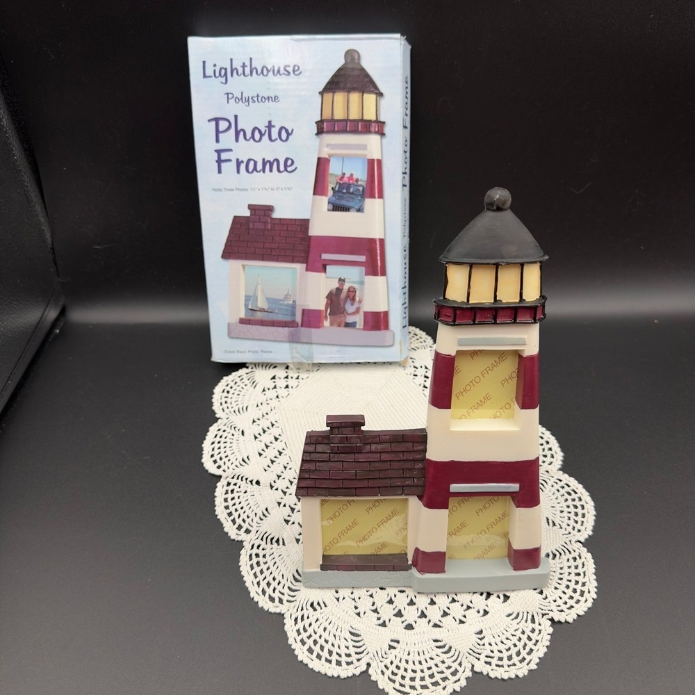 Giftco Lighthouse Polystone Photo Frame Red White‎ Nautical Coastal 3 Openings